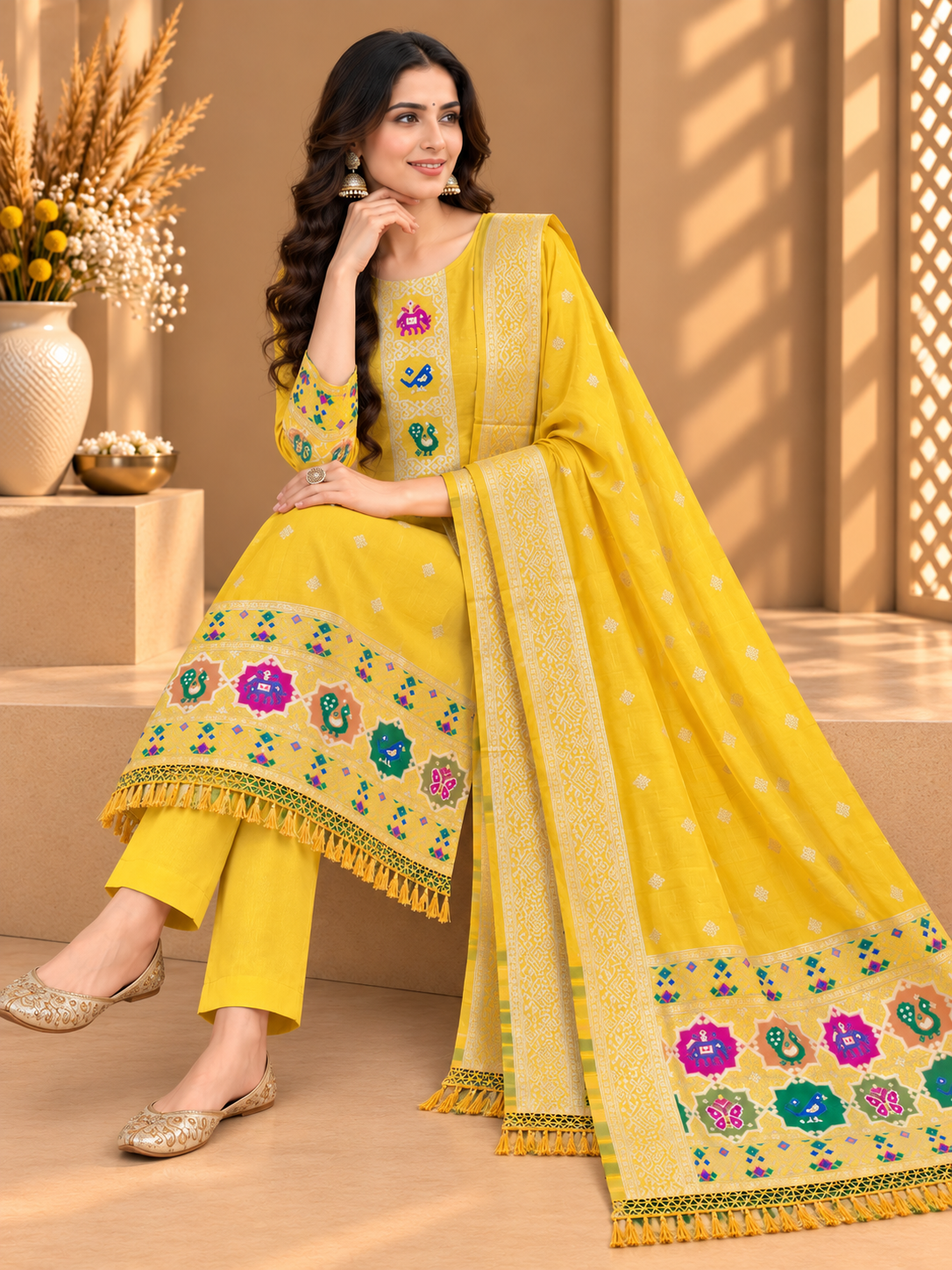Yellow Satin Silk Unstitched Suit | Designer Ethnic Suit with Traditional Printed Dupatta