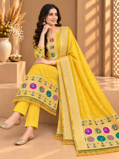 Yellow Satin Silk Unstitched Suit | Designer Ethnic Suit with Traditional Printed Dupatta