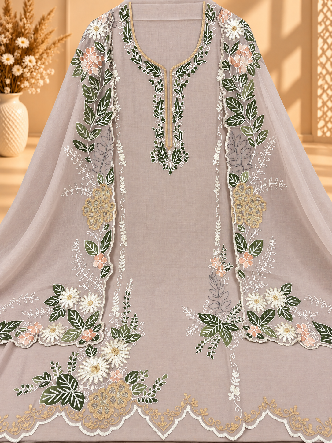 Premium Grey Floral Embroidered Pure Mul Chanderi Suit | Designer Unstitched Suit for Women