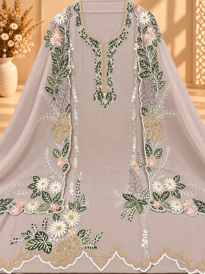 Premium Grey Floral Embroidered Pure Mul Chanderi Suit | Designer Unstitched Suit for Women