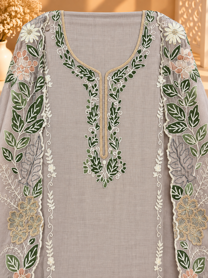 Premium Grey Floral Embroidered Pure Mul Chanderi Suit | Designer Unstitched Suit for Women
