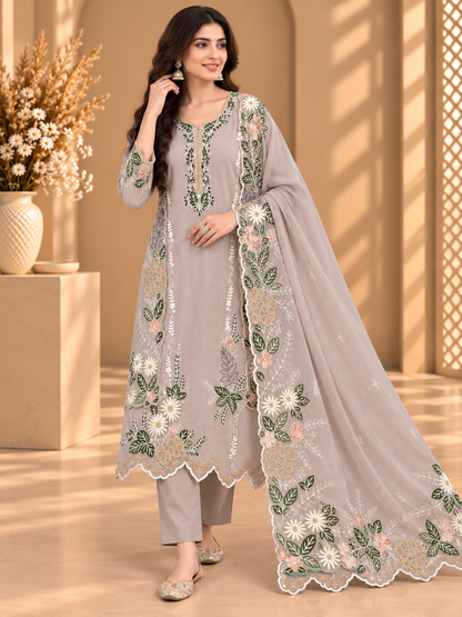 Premium Grey Floral Embroidered Pure Mul Chanderi Suit | Designer Unstitched Suit for Women
