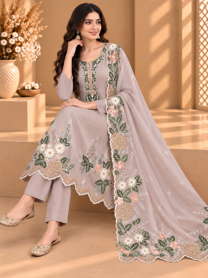 Premium Grey Floral Embroidered Pure Mul Chanderi Suit | Designer Unstitched Suit for Women