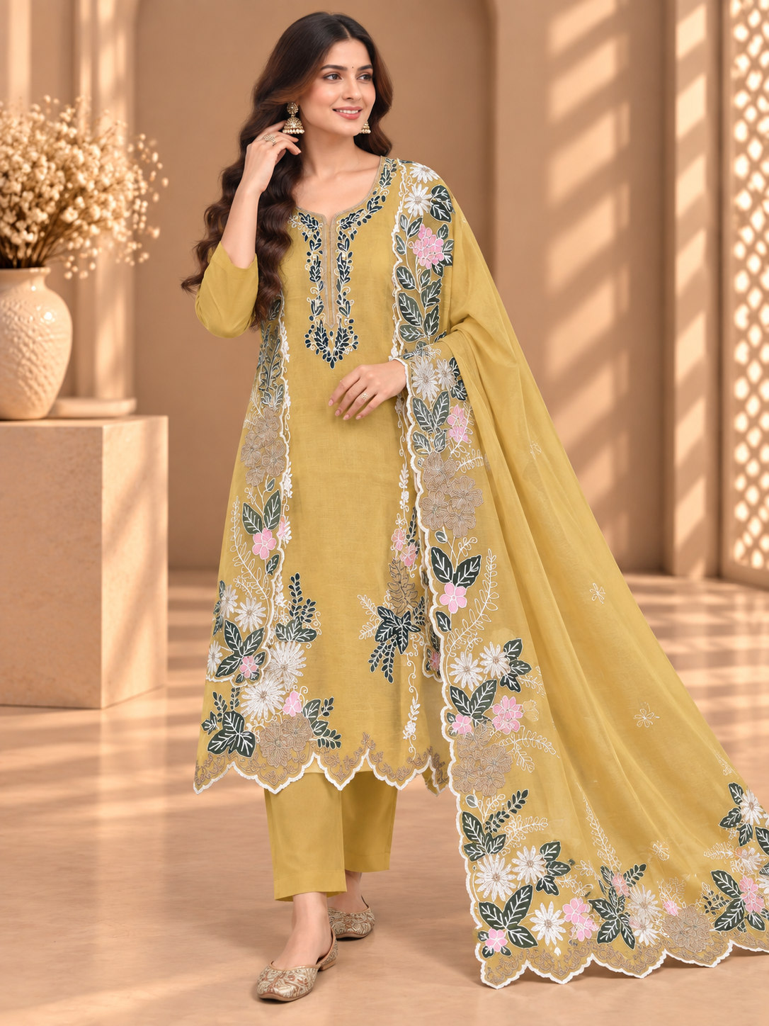 Mustard Yellow Pure Mul Chanderi Embroidered Suit | Floral Designer Unstitched Suit for Women