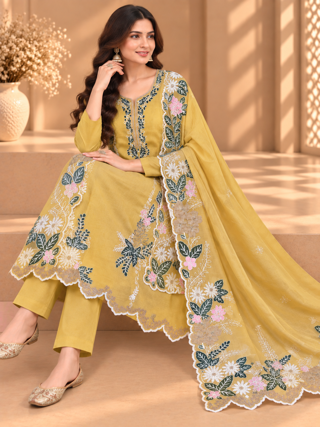 Mustard Yellow Pure Mul Chanderi Embroidered Suit | Floral Designer Unstitched Suit for Women