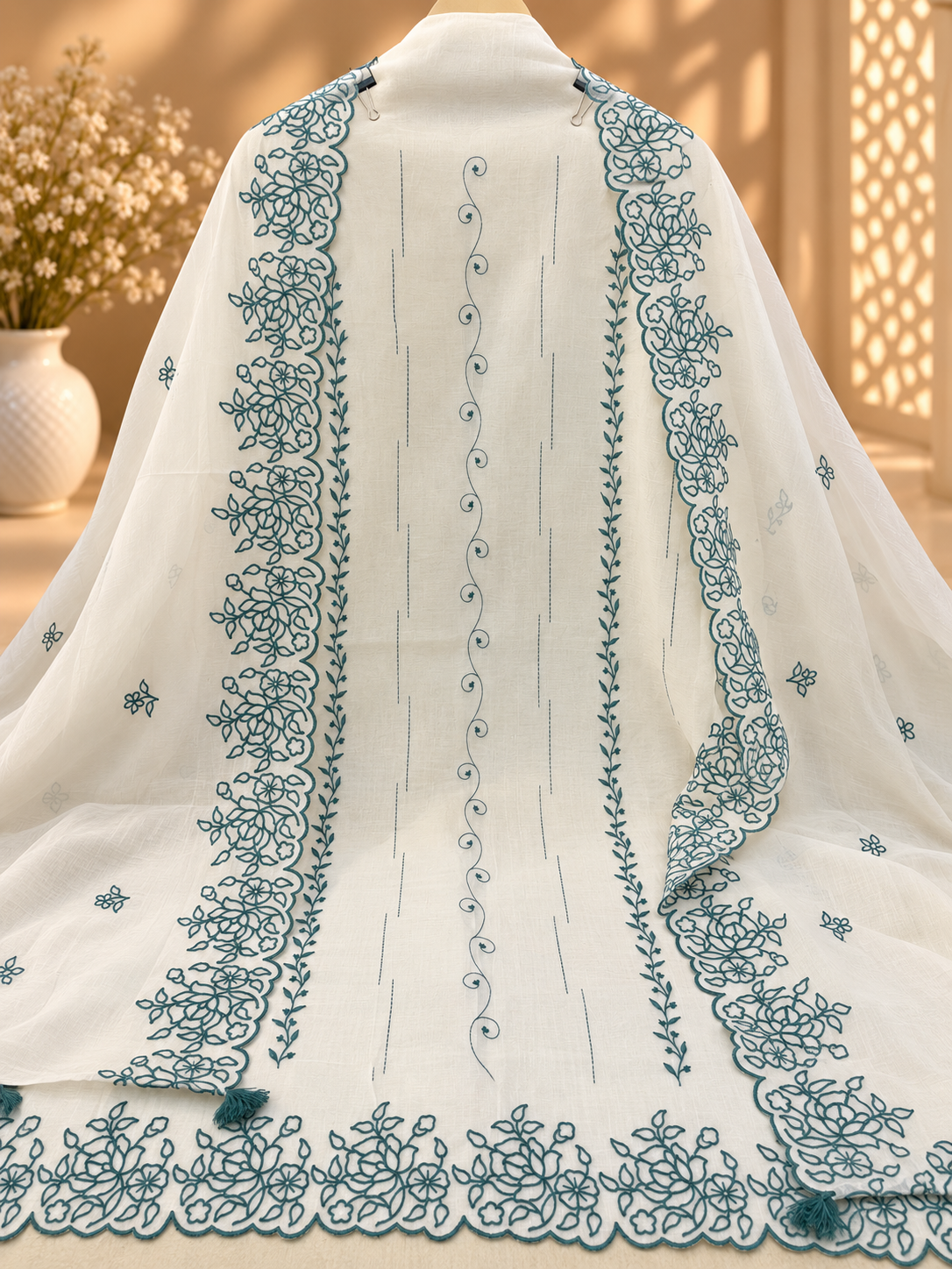 Off White Mul Chanderi Embroidered Suit | Floral Threadwork Designer Unstitched Suit for Women