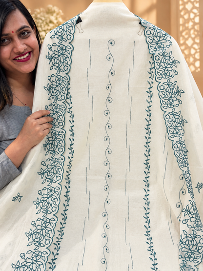 Off White Mul Chanderi Embroidered Suit | Floral Threadwork Designer Unstitched Suit for Women