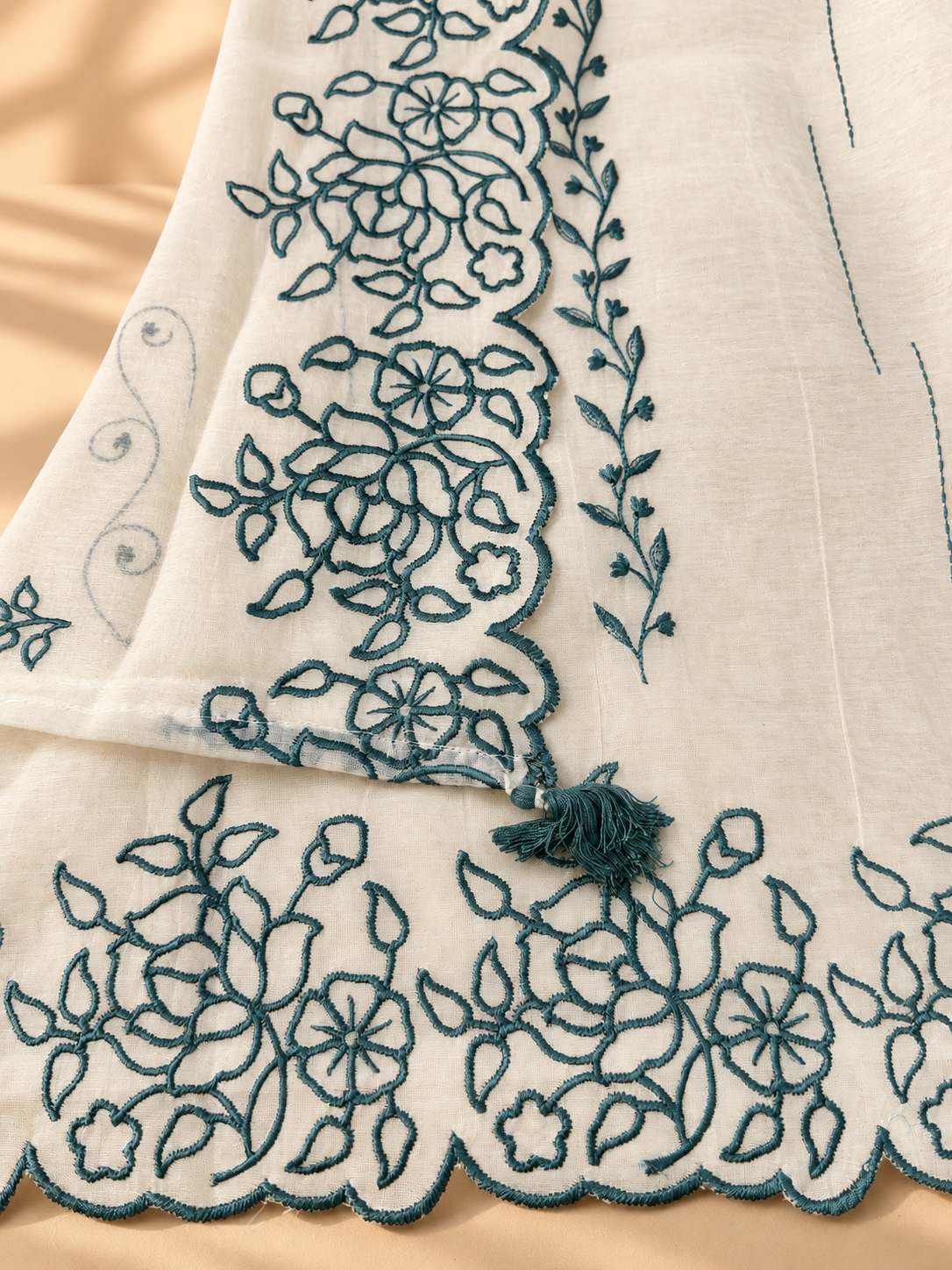 Off White Mul Chanderi Embroidered Suit | Floral Threadwork Designer Unstitched Suit for Women