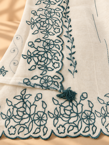 Off White Mul Chanderi Embroidered Suit | Floral Threadwork Designer Unstitched Suit for Women