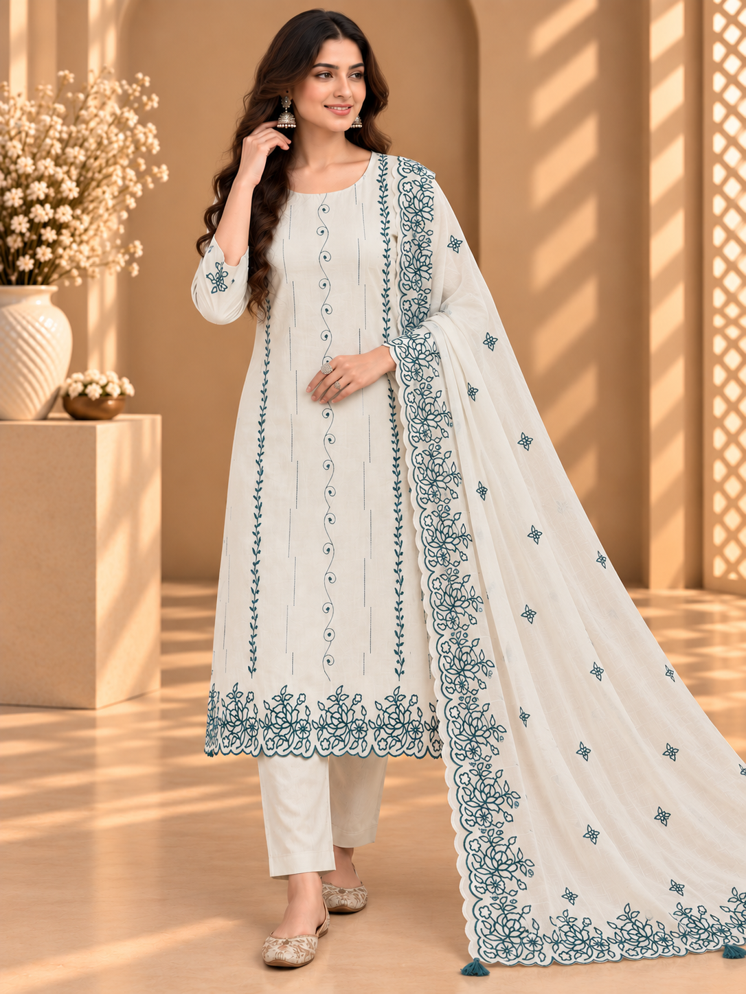 Off White Mul Chanderi Embroidered Suit | Floral Threadwork Designer Unstitched Suit for Women
