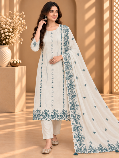 Off White Mul Chanderi Embroidered Suit | Floral Threadwork Designer Unstitched Suit for Women