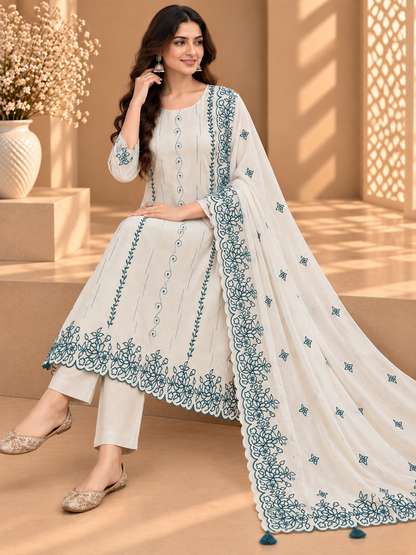 Off White Mul Chanderi Embroidered Suit | Floral Threadwork Designer Unstitched Suit for Women