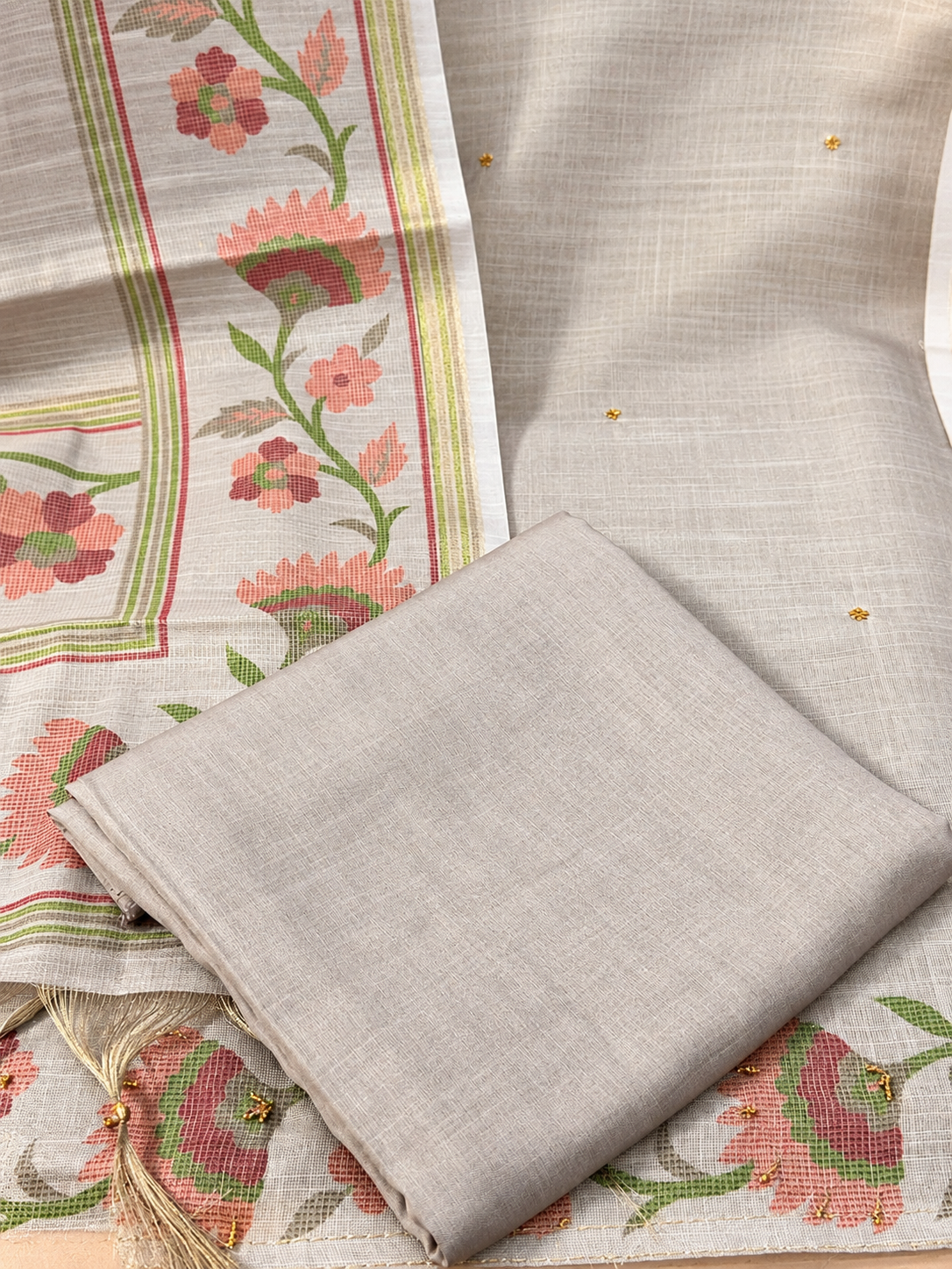 Grey Shimmer Linen Embroidered Suit | Floral Printed Designer Unstitched Suit with Dupatta