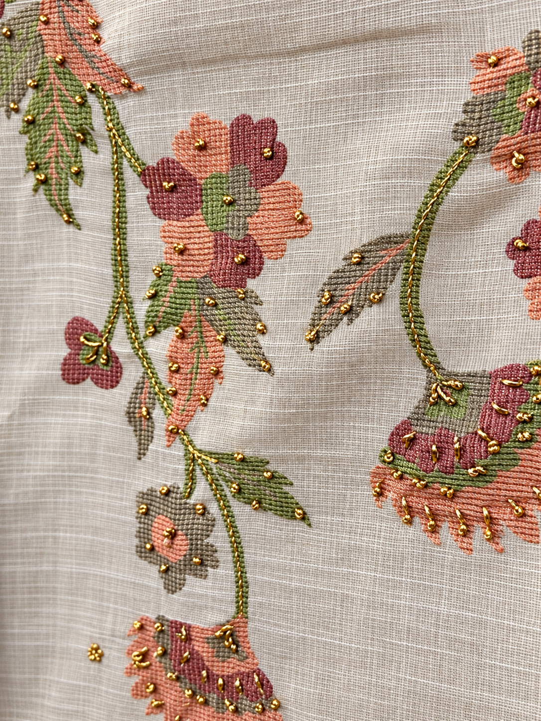 Grey Shimmer Linen Embroidered Suit | Floral Printed Designer Unstitched Suit with Dupatta