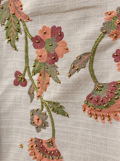 Grey Shimmer Linen Embroidered Suit | Floral Printed Designer Unstitched Suit with Dupatta