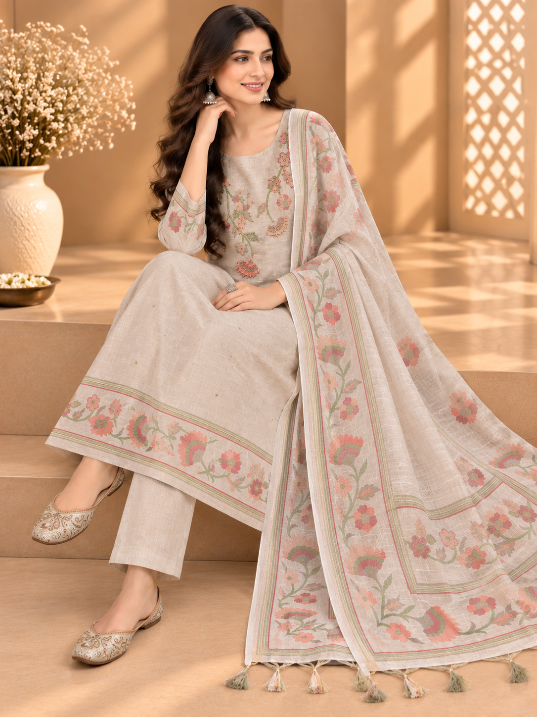 Grey Shimmer Linen Embroidered Suit | Floral Printed Designer Unstitched Suit with Dupatta