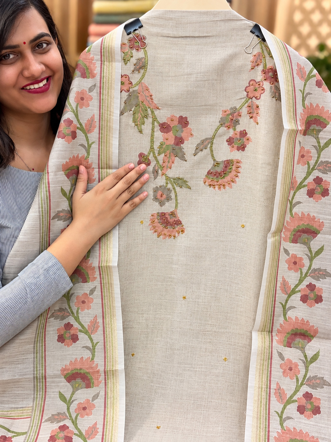 Grey Shimmer Linen Embroidered Suit | Floral Printed Designer Unstitched Suit with Dupatta