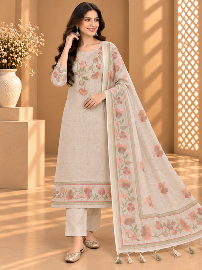 Grey Shimmer Linen Embroidered Suit | Floral Printed Designer Unstitched Suit with Dupatta