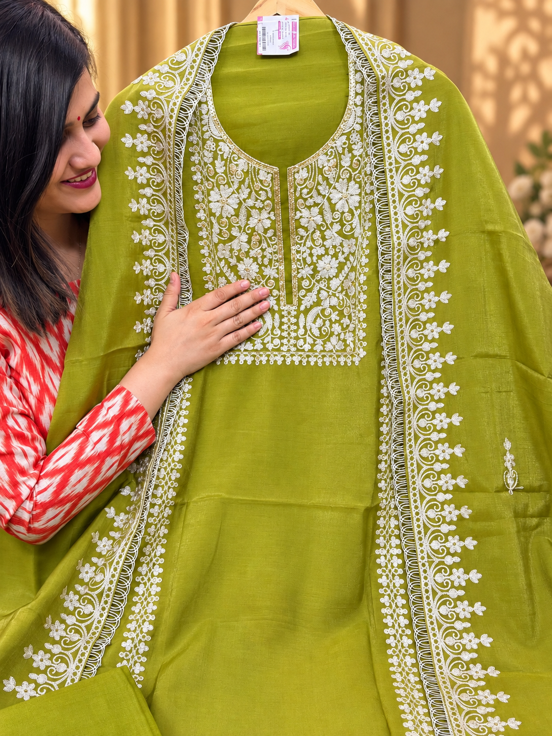 Olive Green Shimmer Silk Embroidered Suit | Designer Unstitched Suit with Embroidered Dupatta