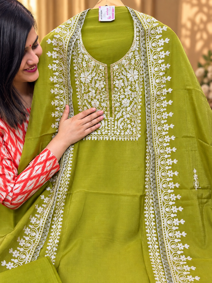 Olive Green Shimmer Silk Embroidered Suit | Designer Unstitched Suit with Embroidered Dupatta