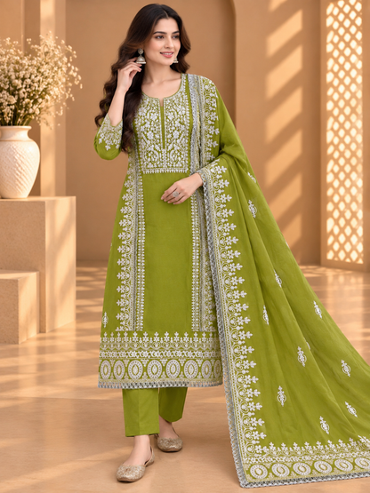 Olive Green Shimmer Silk Embroidered Suit | Designer Unstitched Suit with Embroidered Dupatta