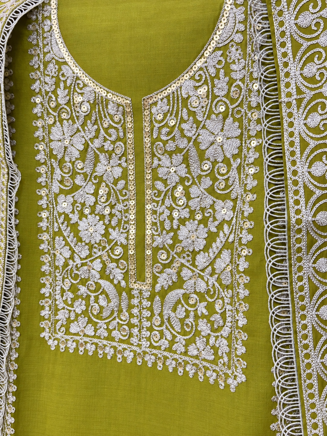 Olive Green Shimmer Silk Embroidered Suit | Designer Unstitched Suit with Embroidered Dupatta