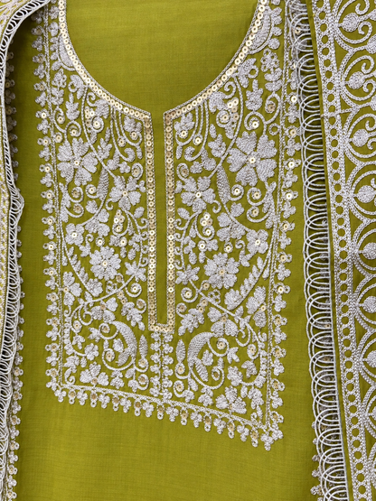 Olive Green Shimmer Silk Embroidered Suit | Designer Unstitched Suit with Embroidered Dupatta