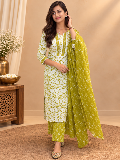 Green & White Ready Made Cotton Suit Set for Women | Floral Printed Kurta Pant with Dupatta