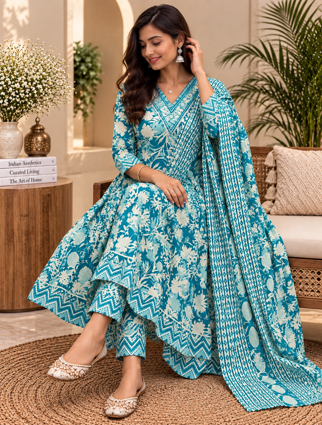 Teal Blue Readymade Flared Cotton Suit Set for Women | Printed Kurta with Dupatta