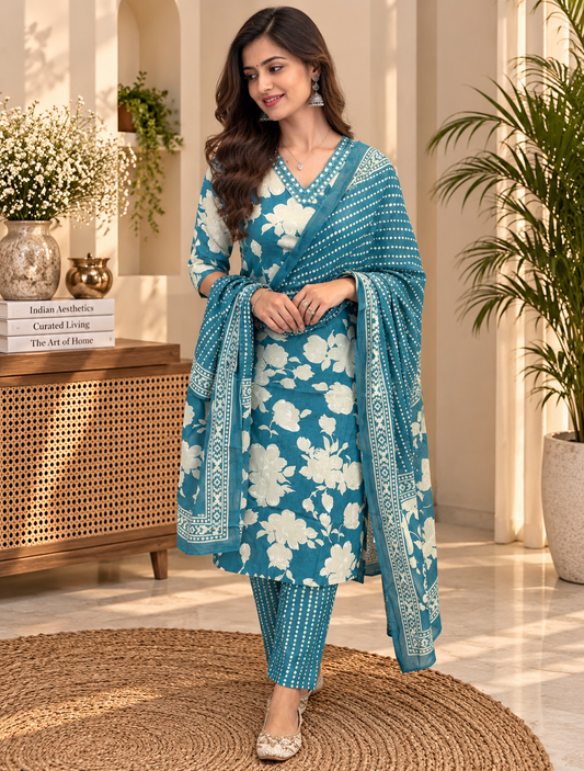 Teal Blue Floral Readymade Cotton Suit Set for Women | Printed Kurta with Dupatta
