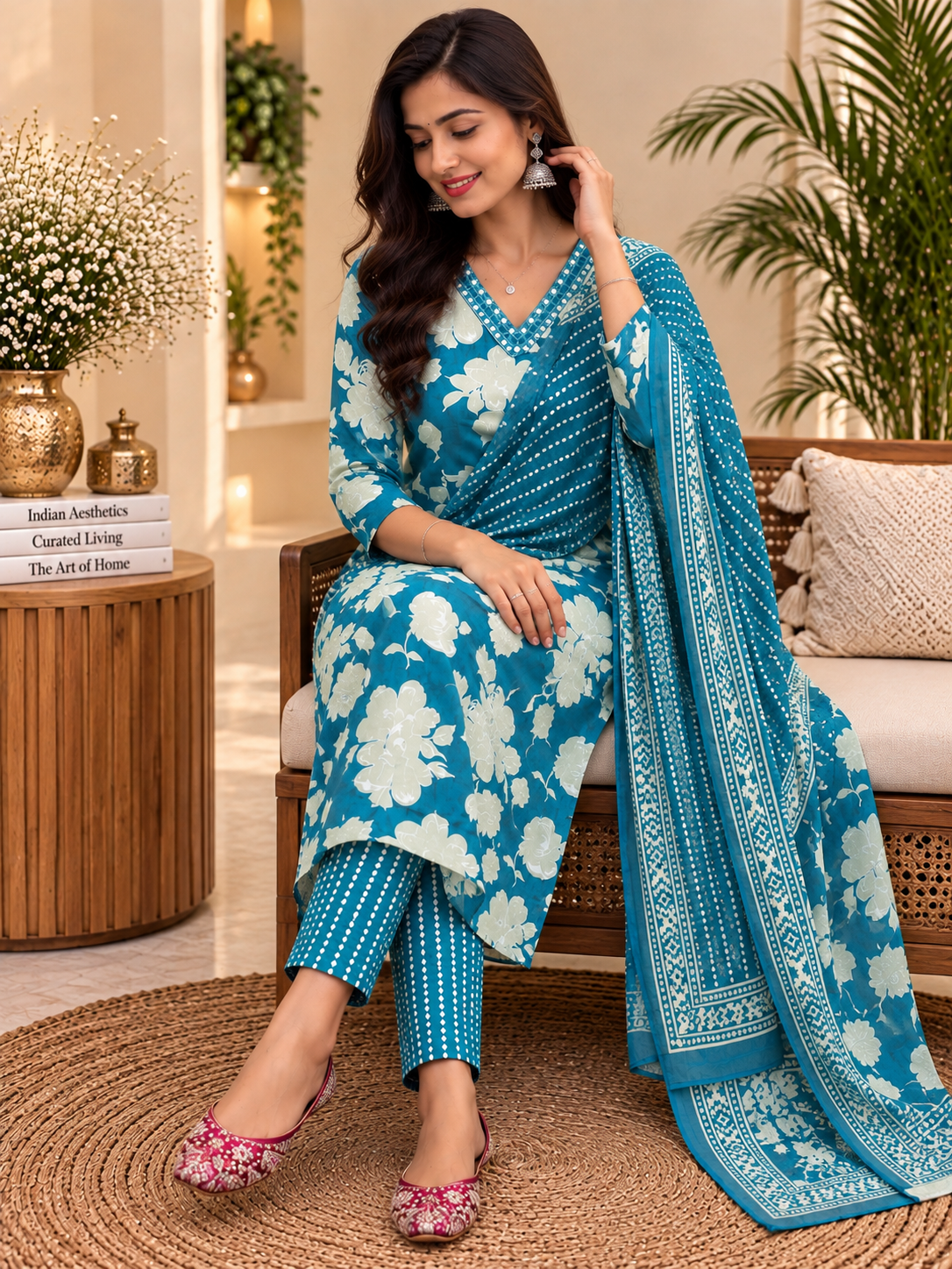 Teal Blue Floral Readymade Cotton Suit Set for Women | Printed Kurta with Dupatta