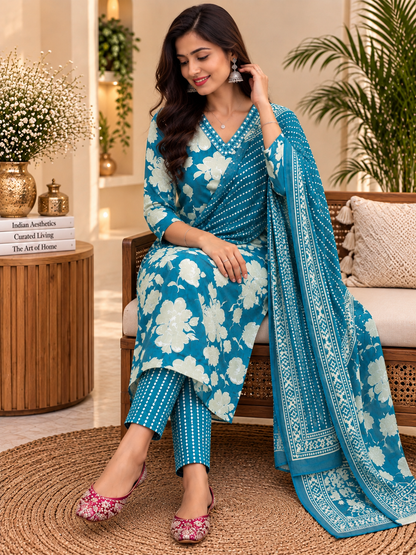 Teal Blue Floral Readymade Cotton Suit Set for Women | Printed Kurta with Dupatta