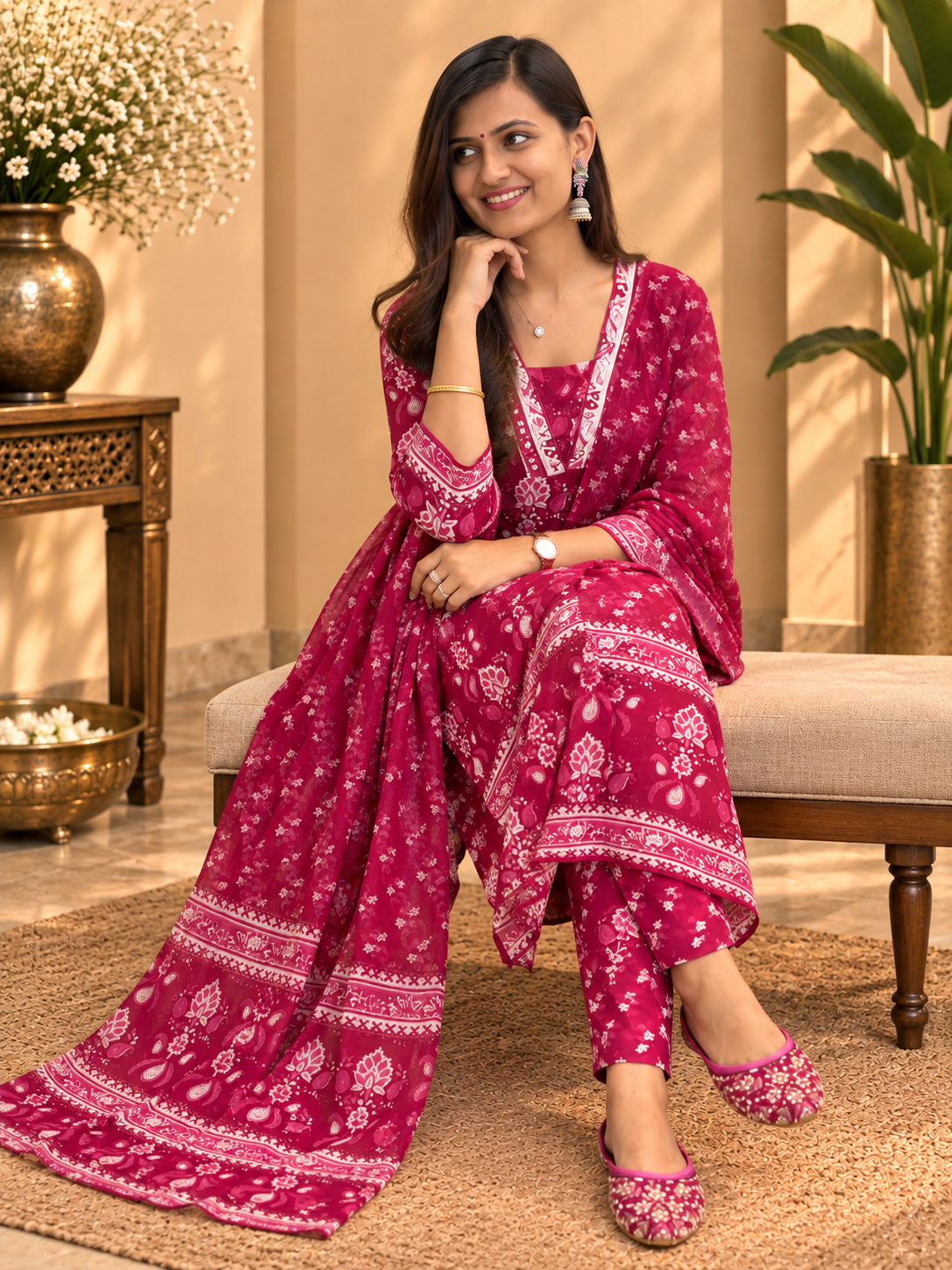 Printed Cotton Readymade Suit Set for Women | Floral Cotton Kurta with Dupatta