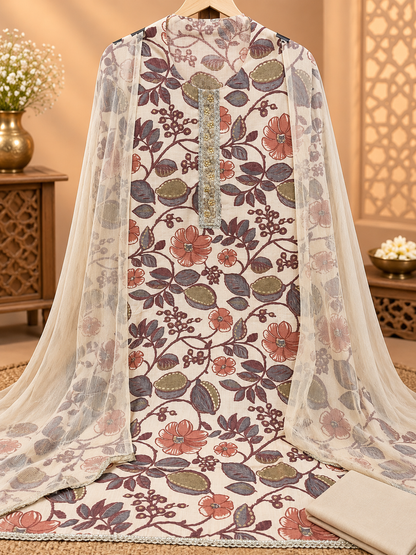 Premium Floral Printed Suit with Embellished Neckline & Chiffon Dupatta | Designer Ethnic Suit for Women