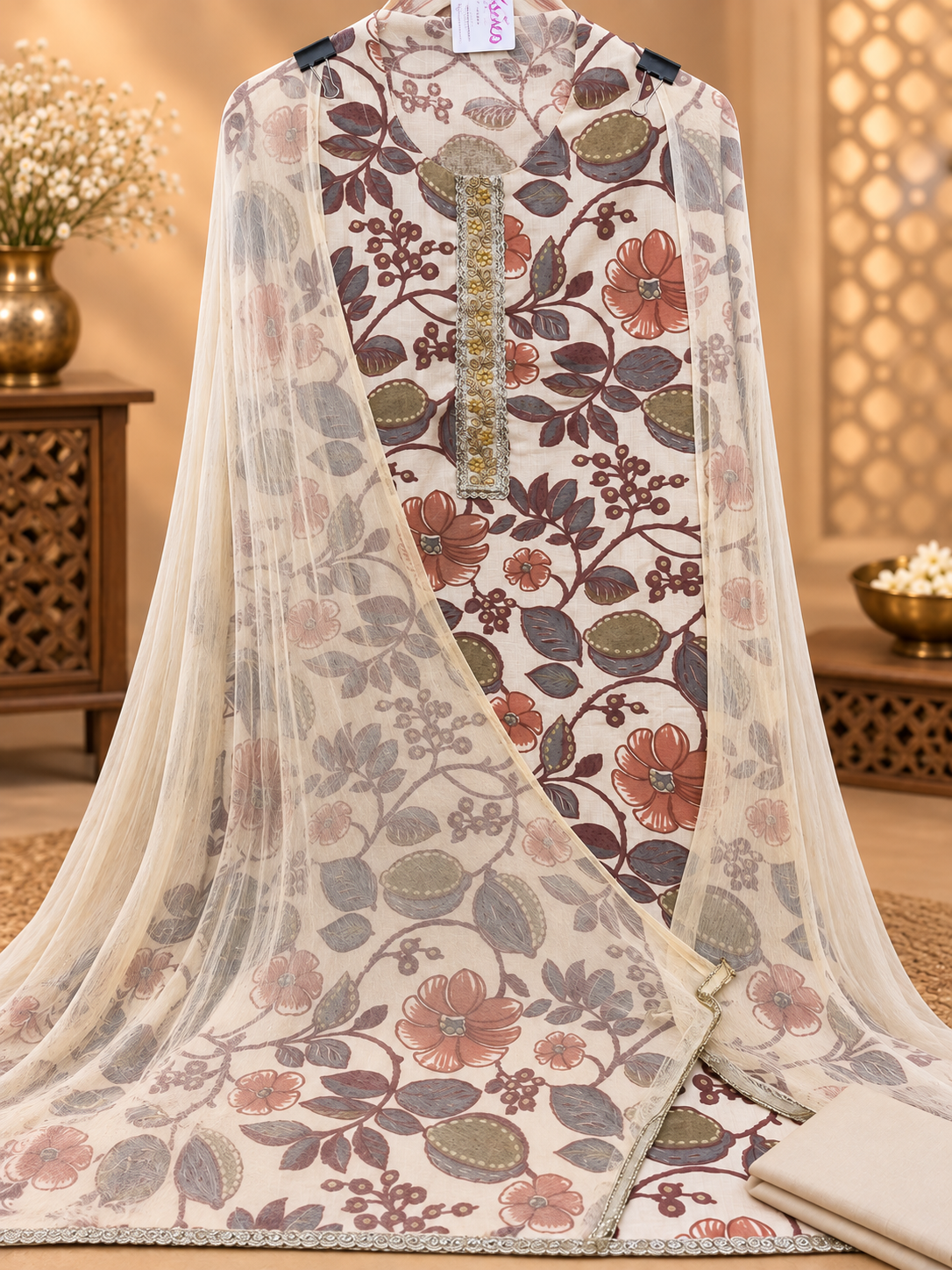 Premium Floral Printed Suit with Embellished Neckline & Chiffon Dupatta | Designer Ethnic Suit for Women