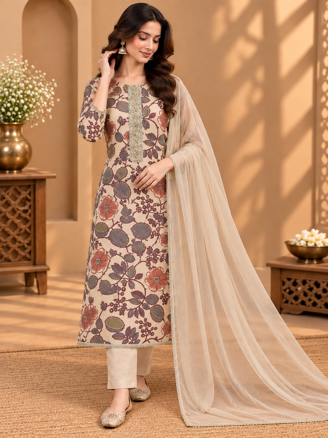 Premium Floral Printed Suit with Embellished Neckline & Chiffon Dupatta | Designer Ethnic Suit for Women