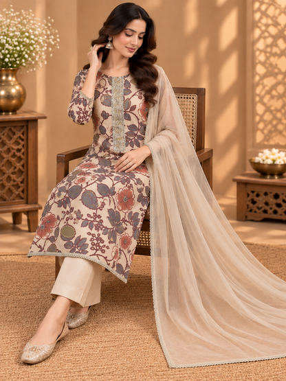 Premium Floral Printed Suit with Embellished Neckline & Chiffon Dupatta | Designer Ethnic Suit for Women