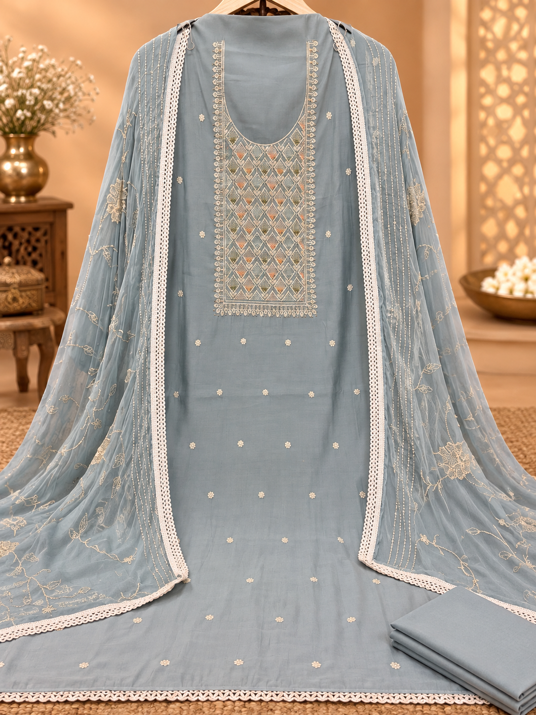 Premium Muslin Suit with Embroidered Neckline & Embellished Dupatta | Elegant Festive Wear Suit for Women
