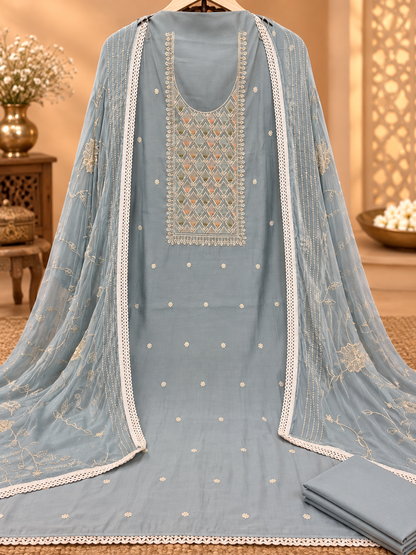 Premium Muslin Suit with Embroidered Neckline & Embellished Dupatta | Elegant Festive Wear Suit for Women
