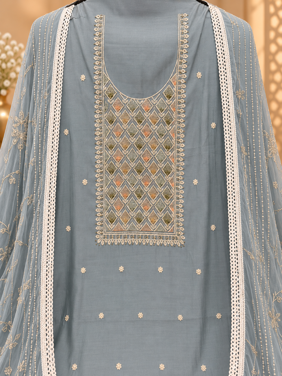 Premium Muslin Suit with Embroidered Neckline & Embellished Dupatta | Elegant Festive Wear Suit for Women