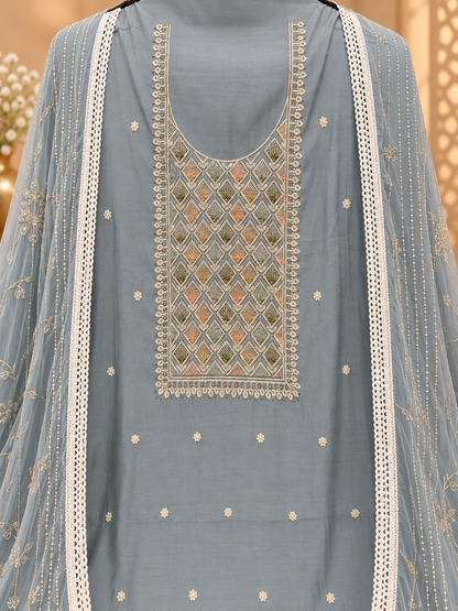Premium Muslin Suit with Embroidered Neckline & Embellished Dupatta | Elegant Festive Wear Suit for Women