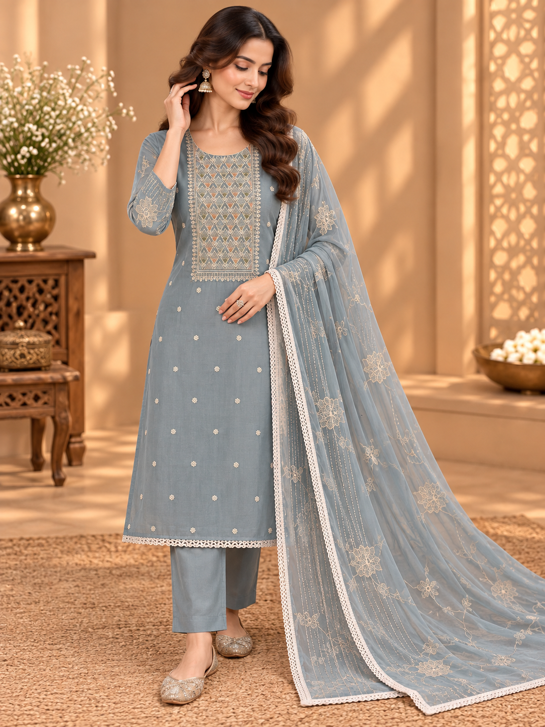 Premium Muslin Suit with Embroidered Neckline & Embellished Dupatta | Elegant Festive Wear Suit for Women