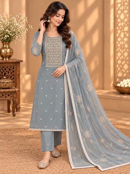 Premium Muslin Suit with Embroidered Neckline & Embellished Dupatta | Elegant Festive Wear Suit for Women