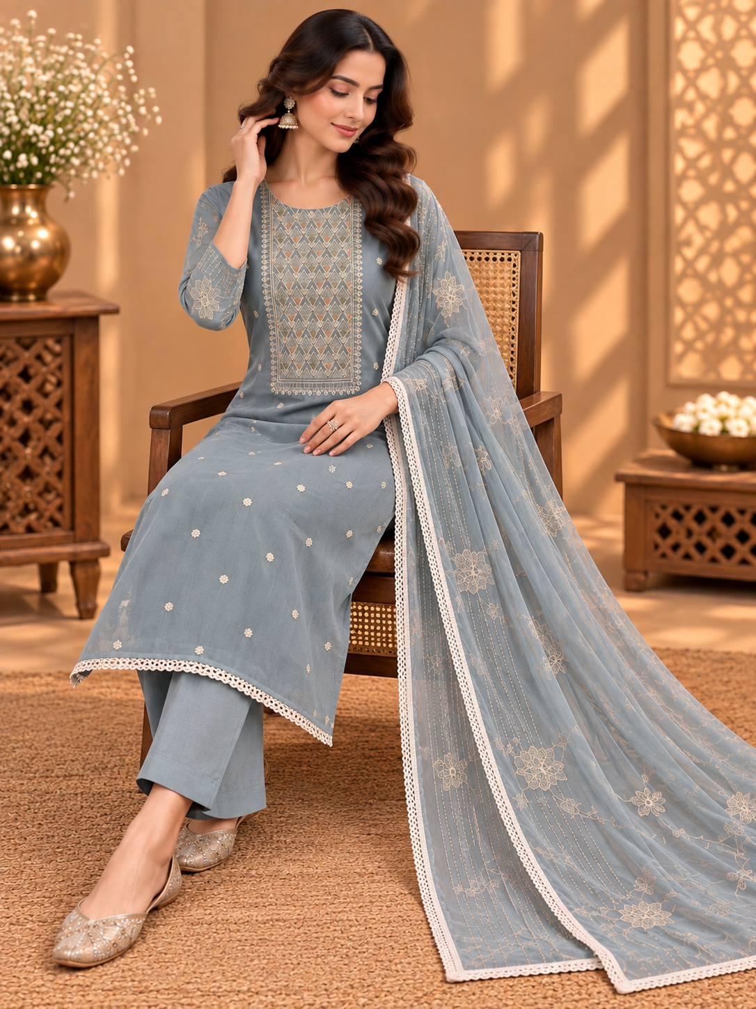 Premium Muslin Suit with Embroidered Neckline & Embellished Dupatta | Elegant Festive Wear Suit for Women