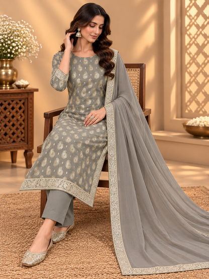 Premium Silk Suit with Elegant Paisley Print & Designer Border | Party Wear Silk Suit for Women