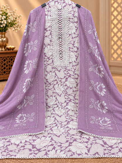 Premium Cotton Floral Printed Suit with Designer Lace & Embroidered Neckline | Elegant Cotton Suit for Women