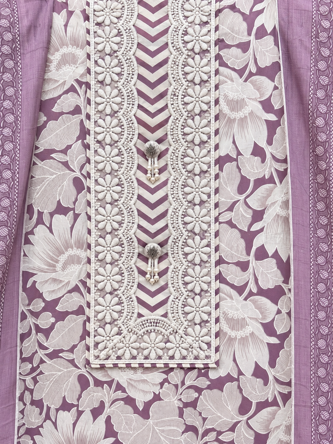 Premium Cotton Floral Printed Suit with Designer Lace & Embroidered Neckline | Elegant Cotton Suit for Women