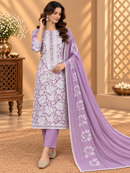Premium Cotton Floral Printed Suit with Designer Lace & Embroidered Neckline | Elegant Cotton Suit for Women