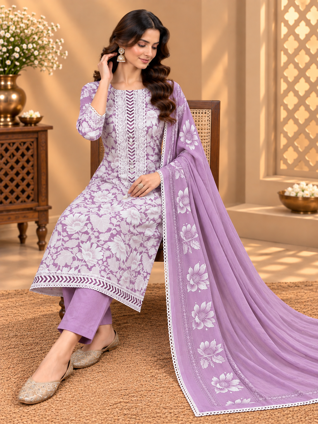 Premium Cotton Floral Printed Suit with Designer Lace & Embroidered Neckline | Elegant Cotton Suit for Women