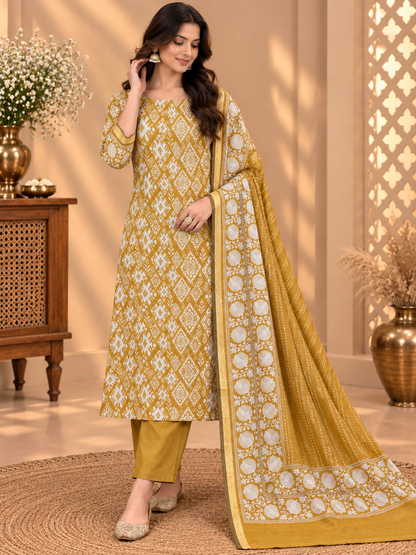 Premium Maheshwari Silk Suit in Mustard Yellow with Ikat Print & Floral Dupatta | Designer Ethnic Wear